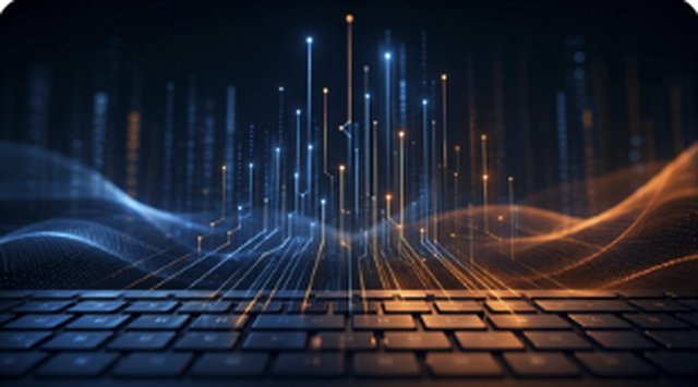 Kurs-Titelbild Prompting für Profis: Tastatur, aus der leuchtende Datenlinien nach oben aufsteigen (KI-generiert)